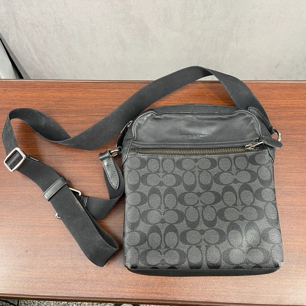 Coach Houston Flight Bag Gunmetal Black Signature Adjustable Crossbody Strap